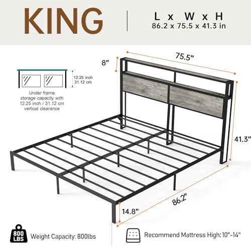 Image of King Size Bed Frame with Headboard, Metal Platform Bed Frame with LED Lights & Charging Station, Under Bed Storage, Solid and Stable, No Box Spring Needed, Noise Free, Easy Assembly, Rustic Grey