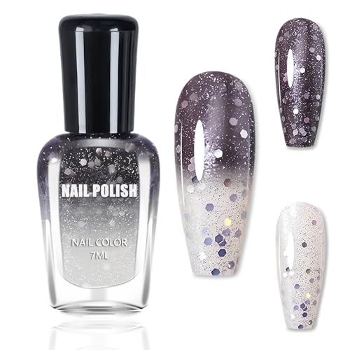 Thermo Nagellack Farbwechsel, Black & Clear Nagelack Glitzer, Schnelltrocknender Nagellack, Temperaturgesteuerter Nail Polish Mit Color Changing Effekt Geschenk Für Frauen Mädchen, 7 Ml