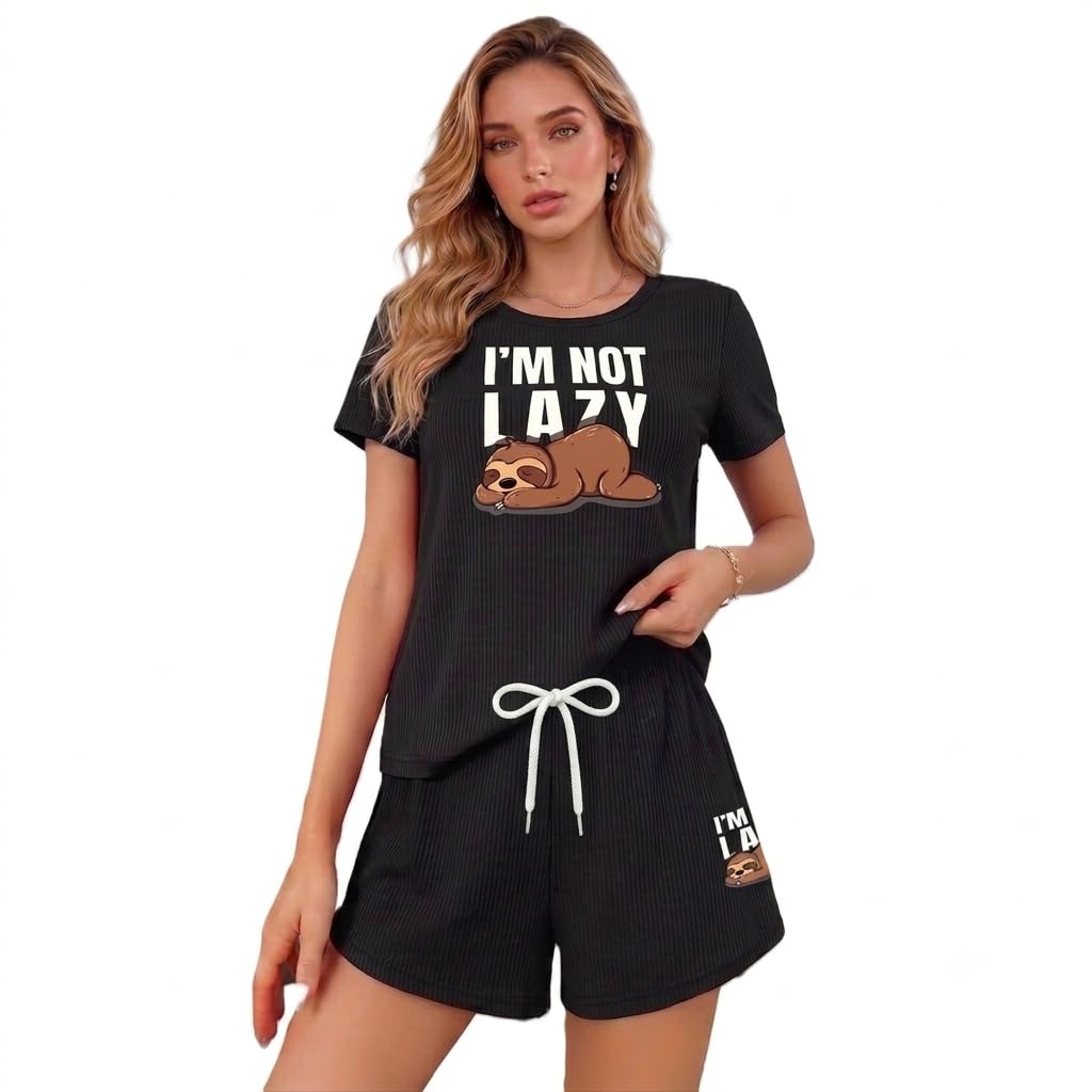 Women Ribbed Night Suit Set | Cute Graphic Print Short Sleeve T-Shirt and Drawstring Shorts Loungewear | Premium Soft Lycra Blend Two Piece Sleepwear for Ladies & Girls-image-27