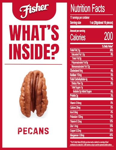 Image of Fisher Oven Roasted Never Fried Mammoth Pecans, 17 Ounces (Pack of 6), Heart Healthy Snacks for Adults, Made with Sea Salt, No Added Oil or Artificial Ingredients, Gluten Free, Vegan Protein, Bulk