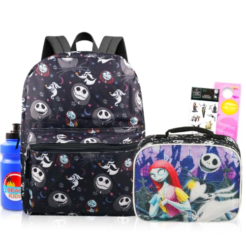 Mochila Nightmare Before Christmas com lancheira – Pacote com mochila de pesadelo antes do Natal de 40,64 cm, lancheira, adesivos, garrafa de água, mais | Mochila Jack Skellington