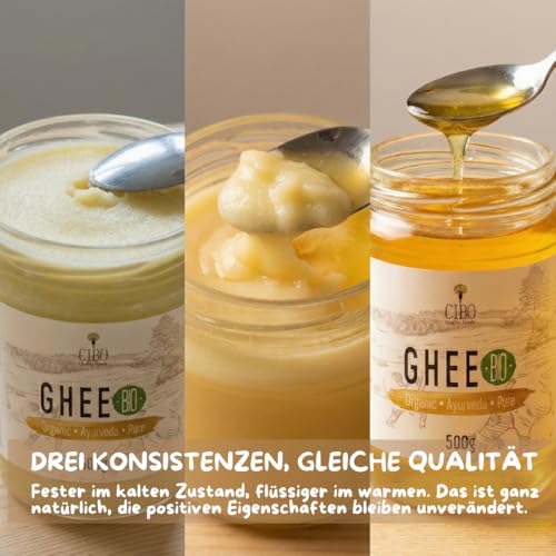 Cibo Bio Ghee 500g – Milch aus Parma & Reggio Emilia – Hergestellt in Italien – Weidekühe – Rauchpunkt 250°C – Aus Zentrifugensahne