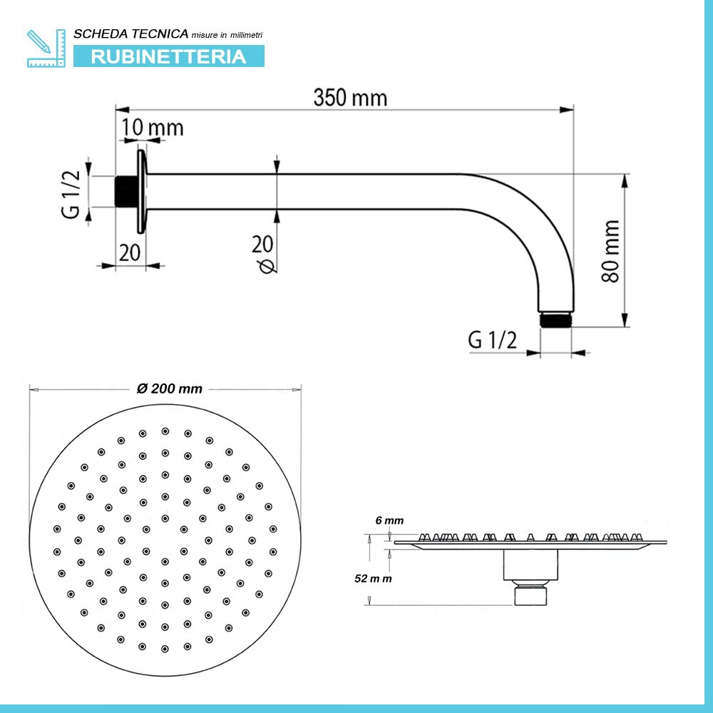 Set doccia a incasso con deviatore in ottone, braccio 35 cm, soffione tondo 20 cm in acciaio inox e kit doccia completo, ZOE