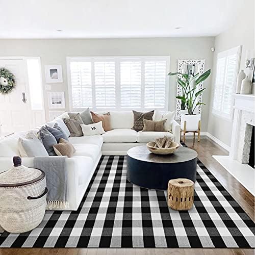 Buffalo Plaid Rug 8' x 10' Black and White Buffalo Check Rug Cotton Washable Retro Lattice Checkered Outdoor Rug Carpet for Farmhouse Living Room/Dining Room/Kitchen/Bedroom