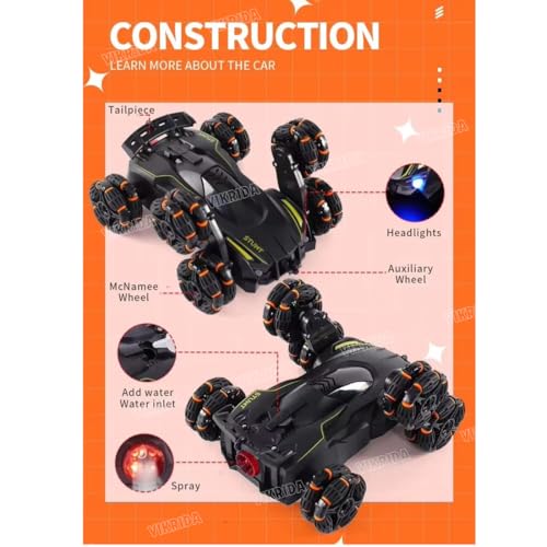 Image of VikriDA 6 Wheel Stunt RC Car for Kids | 2.4GHz Remote Control Toy Car with Lights, Spray Function, 360 Spin, High-Speed Off-Road Stunt Car - Matte Black