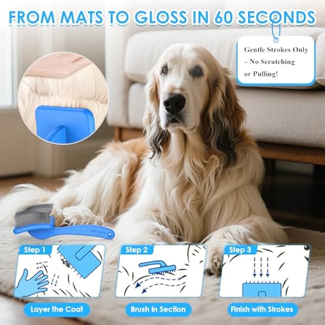 Large Slicker Brush for Dogs - 3PC Pet Grooming Kit - Undercoat Rake & Stainless Comb | Long Pins Remove Mats on Poodles, Golden, Labradoodles | Thick Coat Deshedder for Dogs, Cats, Blue-s80QHP8p