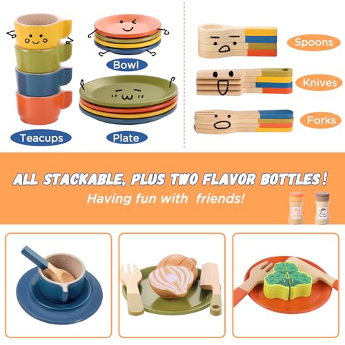 Image of GAGAKU Wooden Play Food Sets for Kids Kitchen, Montessori Wooden Play Food Toys with Plates and Dishes for Toddler Boys & Girls Gifts