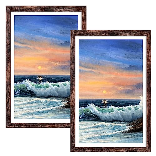Image of LUCKYLIFE 12x18 Poster Frame Brown Set of 2, Display Pictures 11x17 with Mat or 12x18 without Mat, Wall Mount