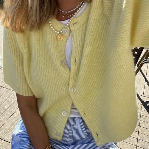 Image of Women Short Sleeve Sweater Cropped Cardigan Button Front Knit Chunky Vest Trendy Y2k Preppy Girl Knitted Top Shirt