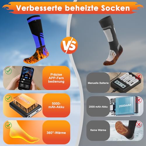 Beheizbare Socken,Beheizte Socken Herren Damen 5000mAh Akku Elektrische Wärmesocken,Wiederaufladbaren Heizsocken mit APP or Fernsteurung,Geeignet für Outdoor Skifahren Camping (Schwarz-Blau)