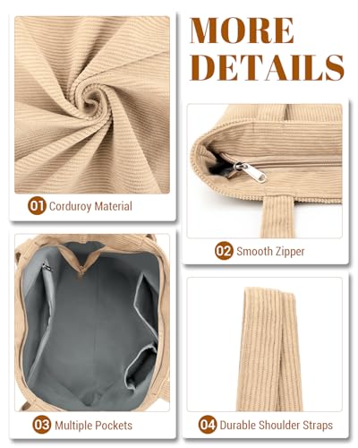Image of Iioscre Corduroy Tote Bag for Women,Hobo HandBags with Zipper,Large Capacity Casual Shoulder Handbags with Inner Pockets