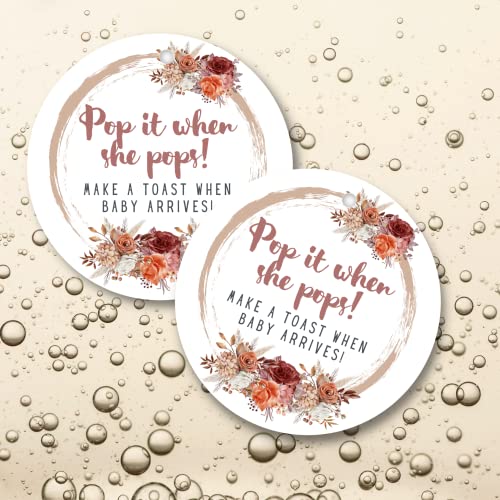 Pop It When She Pops Champagne Tag | 30 Pack | 2.5\" inch Circle Tag with Pre-Cut Hole | Baby Shower Party Favor Tag | Boho Burgundy Rose Wreath Design for Baby Shower Party Favor - Thumbnail 7