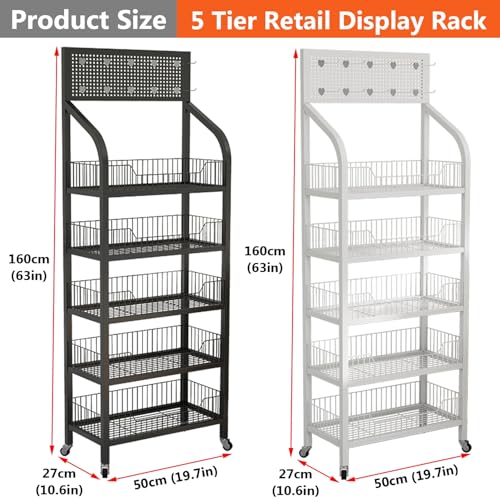 OMKUOSYA 5 Tier Snack Rack Display Stand with Wheels & Hooks, Metal Retail Display Shelves for Store, Chip Rack Organizer for Supermarket, Home Kitchen (Black)