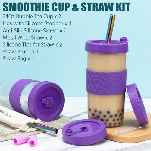 Reusable Glass Mason Jars Cups with Lids and Straws Silicone Sleeves, 2 Pack 24Oz Wide Mouth Smoothie Cups Glass Bubble Tea Cup, Leakproof drinking glasses Water Bottle Travel Tumbler for Large Pearl