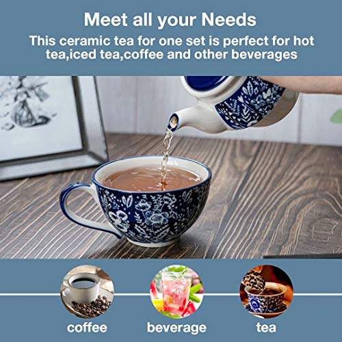 Taimei Teatime Hand Painted Tea for One Set, Ceramic Tea Pot(11 fl oz) and Cup Set with Infuser for Loose Leaf Tea, Blue and White - Thumbnail 7
