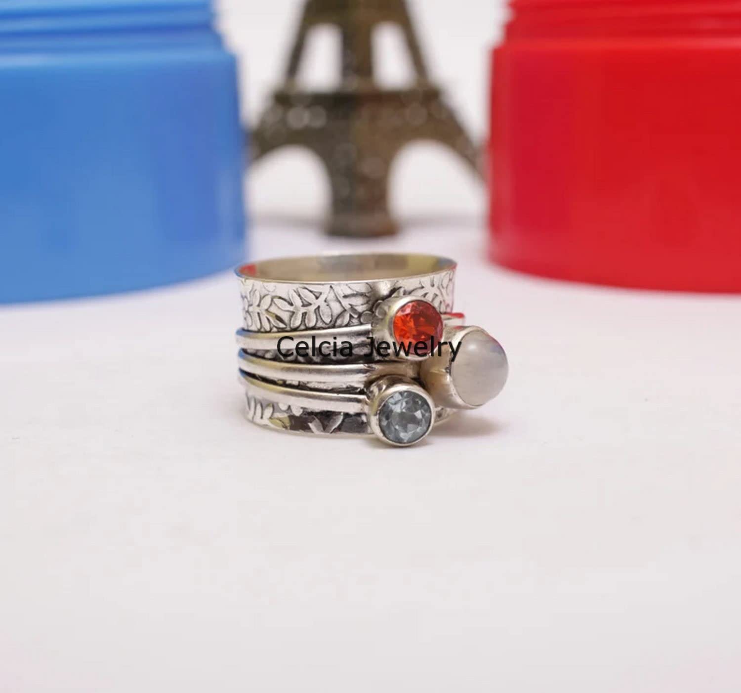 Mondstein, Granat und blauer Topas 3-Stein-Spinnring, einzigartiger Designer-handgemachter feiner Schmuck, Meditations-Spinner-Ring, Angst-Fidget-Ring, erstaunlicher Geburtsstein-Ring