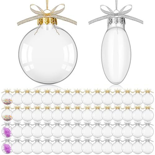 Leitee 60 Clear Fillable Christmas Ornament Ball 3.15 Inch Clear Plastic Ornament for DIY Craft Fillable Ball with 48 Yard Gold Silver Ribbon Christmas Tree Decor for Xmas Home Wedding