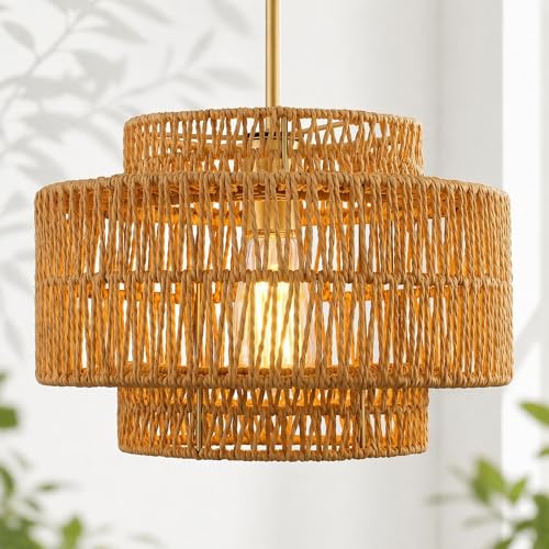 Image of 12.5 inch Gold Boho Rattan Chandelier, 3-Tier Hand Woven Shade