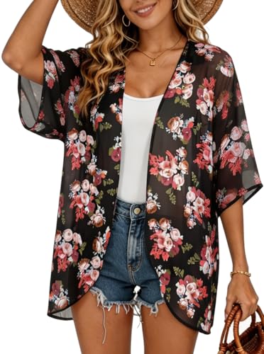 Image of FINOCEANS Womens Floral Chiffon Kimono Cardigans Loose Beach Cover Up Half Sleeve Tops