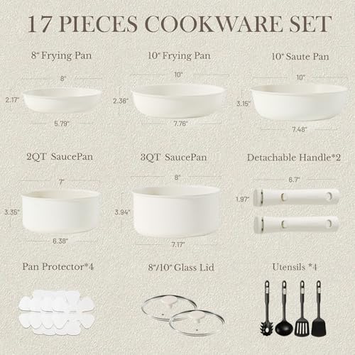 CAROTE 17pcs Pots and Pans Set, Nonstick Cookware Set Detachable Handle, Induction Kitchen Cookware Sets Non Stick with Removable Handle, RV Cookware Set, Oven Safe - Image 3