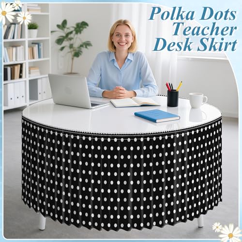 Image of 9FT Black Base White Polka Dots Table Skirt Ruffle Teacher Desk Skirt for Classroom Table Cover Skirts for Kidney Shaped Desk Back to School Party Decorations Kindergarten Office Bookcase Cabinet