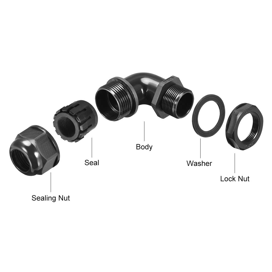 sourcing map Dławik kablowy M25 Wodoodporna nylonowa uszczelka 90° małżonka 10mm-16mm Dia Cable