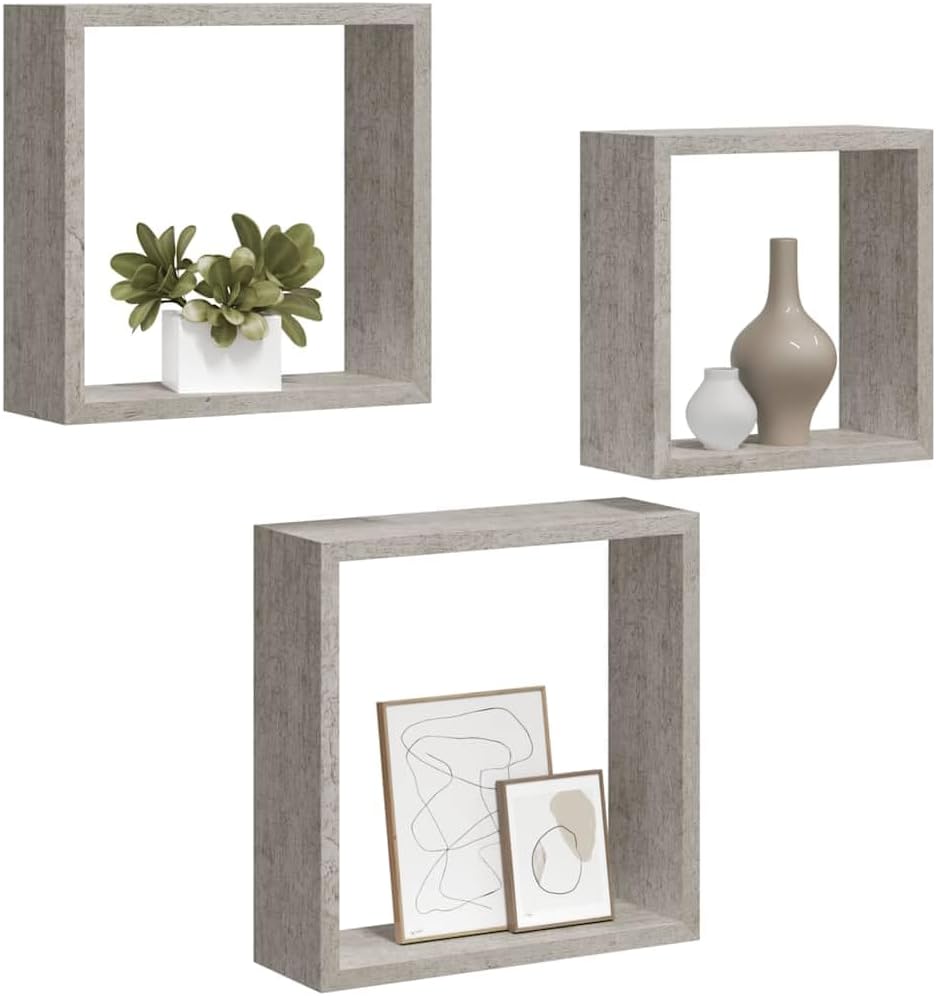 Wall Cube Floating Shelves Set of 3 Concrete Gray 11.8 10.6 9.4 in MDF Matte Storage Display Box for Living Room Bedroom Office