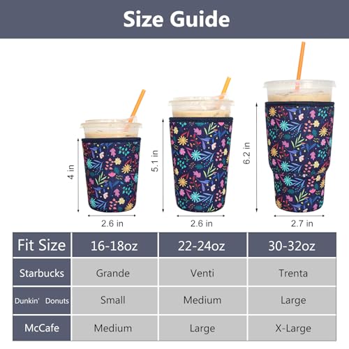 Image of 3 Pack Reusable Iced Coffee Sleeves - Xumbtvs Insulator Sleeve for Cold Beverages, Neoprene Coffee Cup Holder (Flower)