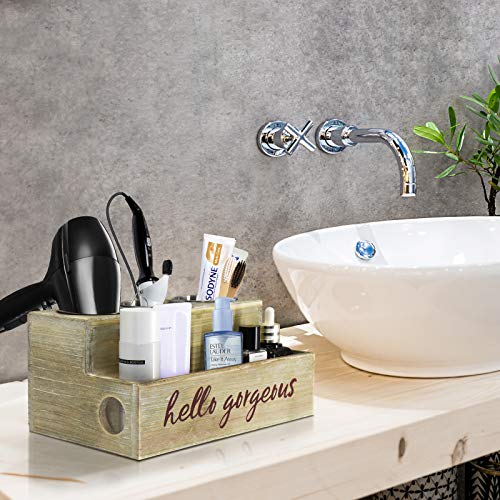 Rustic Wood Hair Dryer Holder, Hair Styling Tool Organizer, Bathroom Vanity Storage Organizer, Bath Supplies Accessories Storage Tray for Blow Dryer Flat Iron Curling Wand Brushes (Rustic Grey) - Thumbnail 7