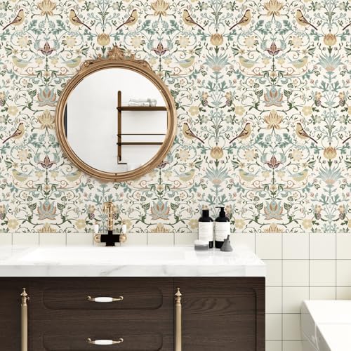 WESTICK Peel and Stick William Morris Wallpaper Vintage Birds Floral Wallpaper Green Leaf Neutral Botanical Wall Paper Boho Self Adhesive Floral Contact Paper for Bedroom Bathroom Laundry 17.5"x102" by WESTICK - Image 3