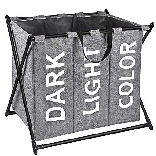 X-Cosrack 180L Laundry Hamper 3 Sections Laundry Sorter, Foldable & Collapsible 3 Bin Laundry Hamper With Handles, Waterproof Lining Laundry Organizer For Dirty Clothes & Kid's Puppets, Black, Grey #TOP14