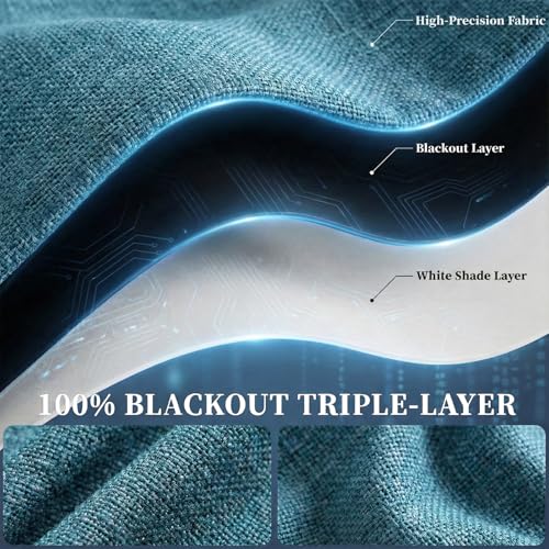 Image of 100% Blackout Magic Tape Stick On Curtains Window Shades Pull Down Blackout Window Cover No Drillng Self Adhesive Curtains No Rod Small Windows, W35 x L60 inch, 1 Panel, Stone Blue