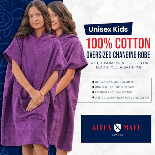 Image of ALLEN & MATE 100% Cotton Kids Hooded Surf Poncho Changing Robe, Quick Absorbent Wearable Swim Towel Boys & Girls, 6-13 Years