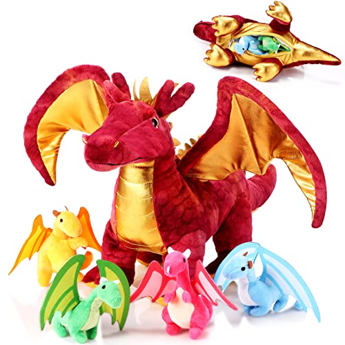 Lenwen 5 Pcs Dragon Plush Toys 16 Inch Stuffed Mommy Dragon Plush with 4 Babies in Zippered Belly for Kids Boys Girls Birthday Gifts Classroom Award...