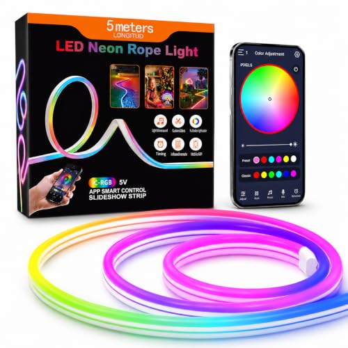 Image of RUCON 5M Smart LED Neon Rope Light, RGBIC Color Changing Silicone Strip Light with Smart App & IR Remote Control, Music Sync, DIY Cuttable Neon Flex for Bedroom, Gaming Setup, Party, Wall Decor