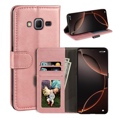 UOGNADGD Leather Flip Cover Compatible with Samsung Galaxy Core Prime Wallet Case with Card Slots, Magnetic Closure, Stand Function, RFID Shockproof Folio (Rose Gold)