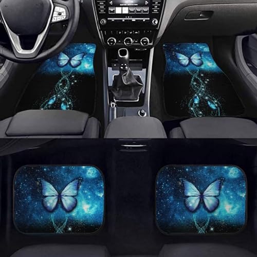 Tomeusey Conjunto de 4 tapetes de carro borboleta azul Galaxy Car Front Back Floor Mats para SUV Truck Van, tapete de carro à prova de poeira para mulheres, acessório interior automotivo