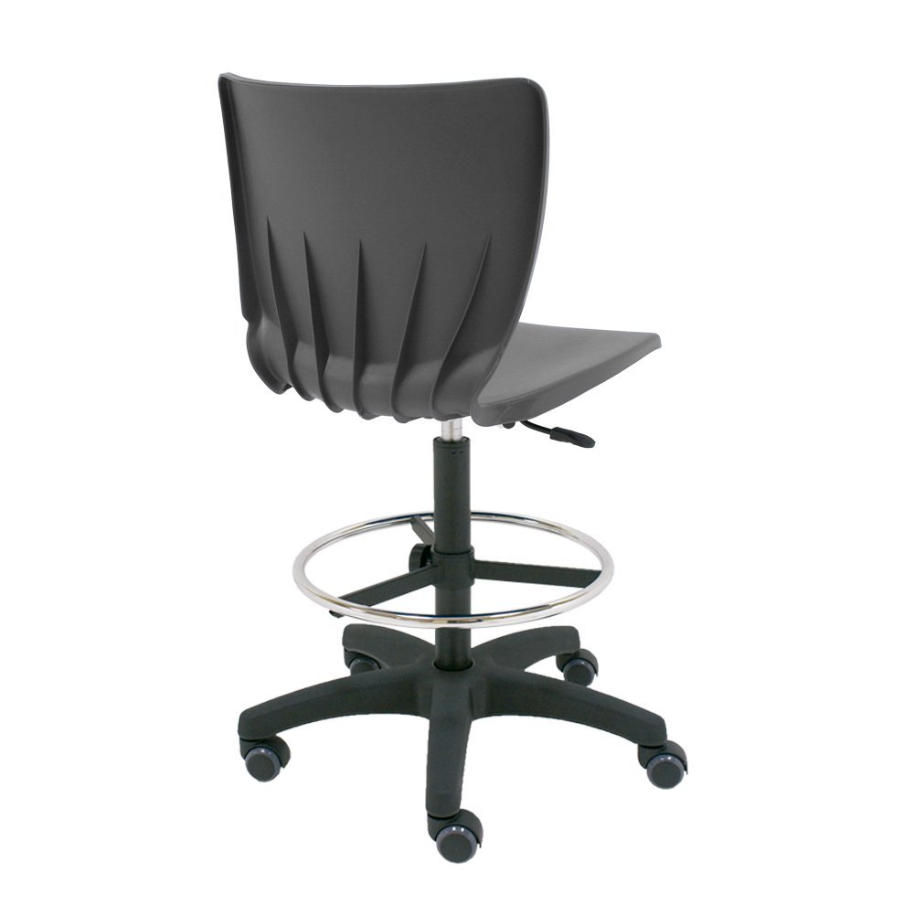 Taburete Giratorio de Trabajo o Estudio Mono Carcasa de Polipropileno Flexible Resistente y fácil Limpieza con aro reposapiés Cromado y Ruedas de parquet Incluidas - Color Antracita