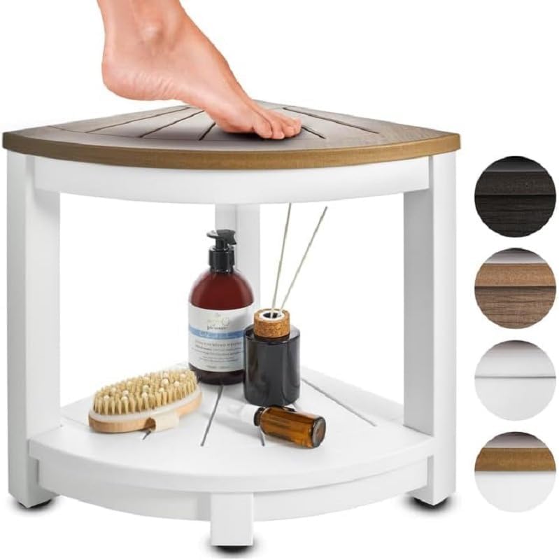 Shower Chair for Inside Shower, Wooden Corner Shower Stool with Storage Shelf, Shower Stool for Shaving Legs