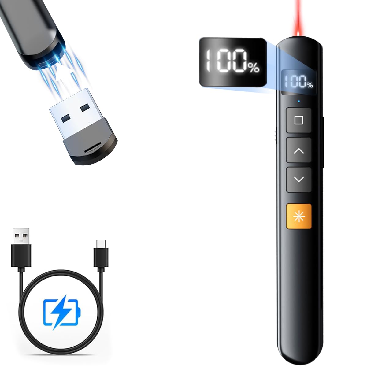 جهاز تحكم عرض تقديمي مع مُستقبل USB، لاسلكي 2.4 جيجاهرتز، مكبس باوربوينت، مؤشر ليزر أحمر للمكتب المحمول، مع روابط تشعبية، تحكم الصفحة، الصوت والسيطرة على عرض الشرائح