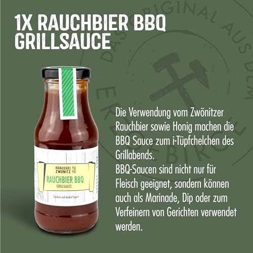 Brauerei Zwönitz – Papas Grillbox – Grill Set mit Bier, Senf & BBQ Sauce - BBQ Geschenkset - Grill Geschenke für Männer - BBQ Zubehör - Geschenke für Grillfans