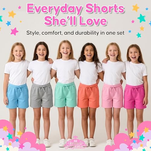 Image of MISS POPULAR Girls 6-Pack Bermuda Short Sizes 4-16 Comfortable Cotton, Elastic Waistband, Bow-Tie, Pockets & Many Colors