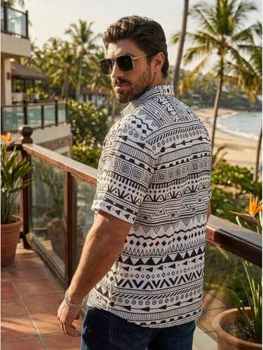 Image of BROWN CULTURE Men's Cotton Blend Abstract Print Shirt with Spread Collared Half Sleeves Standard Length and Button Down Closure Type | Shirt for Man