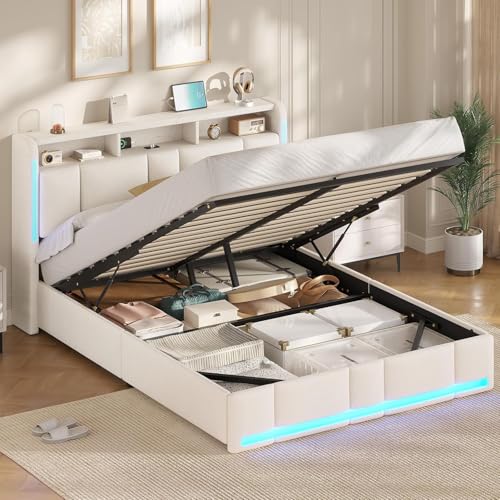 AOGLLATI Canapé 160x200 cm, Camas Matrimoniales con Almacenamiento Hidráulico y Iluminación LED, Cama Canape con Estación de Carga y Cabecero Tapizado, Moderno, Beige, Sin Colchón