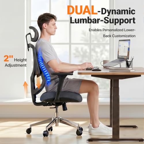 Image of Big & Tall Ergonomic Office Chair with Lumbar Support | Breathable Mesh Back, 135 Recline, 360 Swivel, Sliding Seat, 2D Removable Headrest, 4D Armrest for Home Office & Gaming