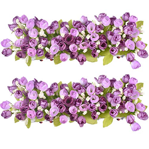 Artificial Flowers Roses and Rosebuds in Picket Fence Pot for Home Office Wedding Decoration (Set of 2, Purple)