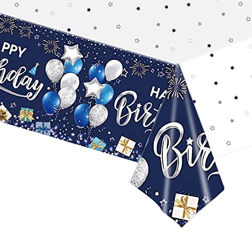 Nappe Jetable « Happy Birthday » Bleu pour Filles Garçon, 137 x 274cm Nappe de Table Rectangulaire Plastique Réutilisable, Nappes de Fête Imperméable,...