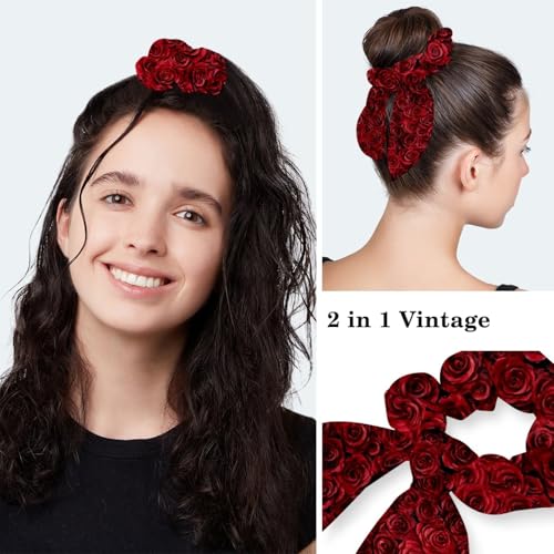 Image of Red Blooming Rose Flowers Black Working Cap with Scrunchy and Ribbon Tie for Women, Long Hair