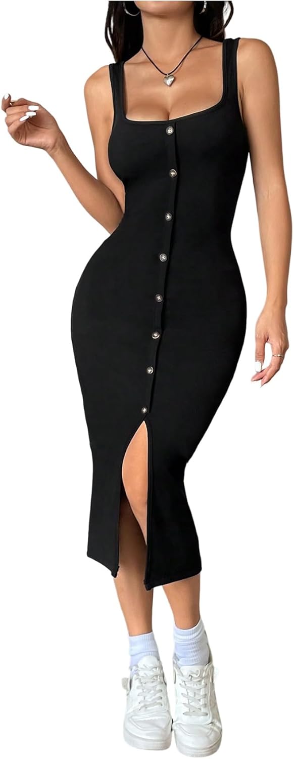 Floerns Women's Summer Midi Dress Ribbed Sleeveless Button Up Club Date Night Bodycon Dresses