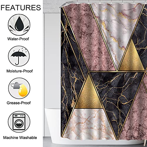 4 Pcs Pink Marble Shower Curtain Sets, Marbled Irregular Triangle Geometric Bathroom Decor, Rug Toilet Lid Cover And Non-Slip U Shape Mat, Waterproof Polyester Shower Curtain With 12 Hooks, 72 X 72 In #TOP4